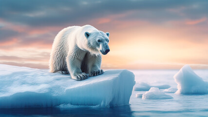 Obraz na płótnie Canvas Sad polar bear sits on a small iceberg. Impact of Global warming. Generative AI