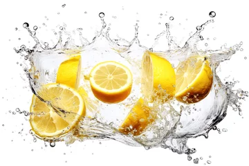 Foto op Aluminium Halbierte Zitronen im Wasser mit Splash isoliert vor weißem Hintergrund. Generative AI © Carmen Steiner