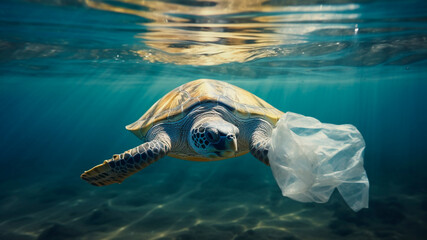 Underwater of sea turtle mistakes a floating plastic bag for food. Generative AI