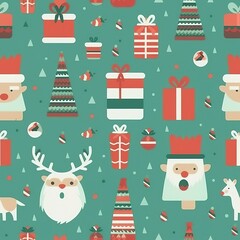 Fototapeta premium Seamless pattern with Christmas trees gift box deer . illustration art in retro style, created by generative AI