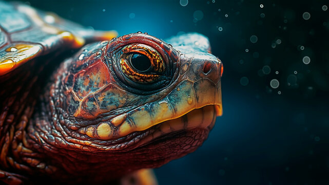 Closeup of a striking turtle, scaly skin and beady eyes. Generative AI
