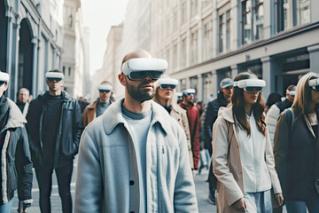 People walking with virtual reality glasses on the street. Crowd of citizens making normal life wearing VR headset in the city. Modern technologies and futuristic life concepts. Generative AI.