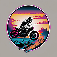 Fototapeta na wymiar action shot of a motorbike synth wave tshirt vector enclosed in a circle sunset contour(7)