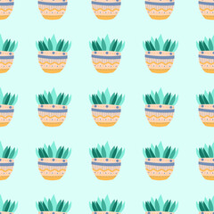floral seamless pattern home plant in a pot with an ornament on a light blue background