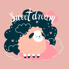 cute vector card with a pink sheep, clouds and hearts and the inscription sweet dreams