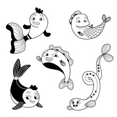 set of cartoon black and white fish in doodle style