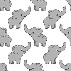 Vector seamless pattern with a cute elephant on a white background. Animal character illustration hand drawn