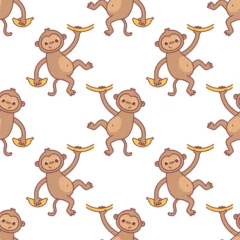 Fototapete Affe Vector seamless pattern with cute monkey on a white background. Animal character illustration hand drawn.