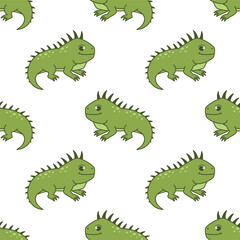 Vector seamless pattern with a cute iguana on a white background. Animal character illustration hand drawn