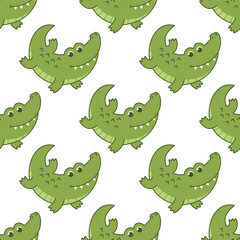 Vector seamless pattern with cute alligator crocodile on a white background. Animal character illustration hand drawn