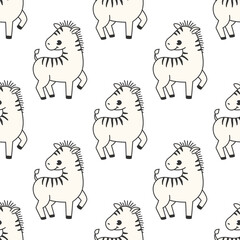 Vector seamless pattern with a cute zebra on a white background. Animal character illustration hand drawn.