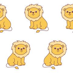 Vector seamless pattern with a cute lion on a white background. Animal character illustration hand drawn.