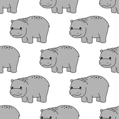 Vector seamless pattern with a cute hippo on a white background. Animal character illustration hand drawn.