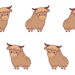 Vector seamless pattern with cute bull yak on a white background. Animal character illustration hand drawn.
