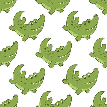 Vector seamless pattern with cute alligator crocodile on a white background. Animal character illustration hand drawn