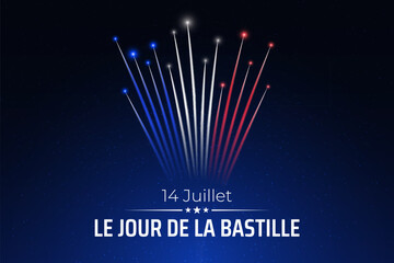 Banner 14 july bastille day in france, template with french colorful fireworks on dark sky background. Fireworks france flag. French national holiday. Vector. Translation: July 14 Bastille Day