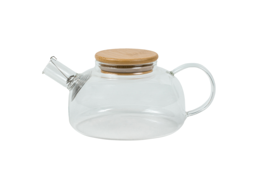 Glass refractory teapot or dish isolated on white background with clipping path. Full Depth of field. Focus stacking, front view. PNG - Powered by Adobe