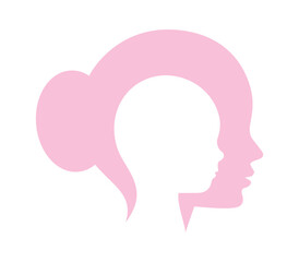 Vector image of silhouettes of overlapping heads of mom and child in profile. Isolated on white background.