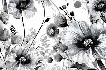 Floral botanical background with hand drawn elements of black and white realism and monochromatic sketches Generative AI