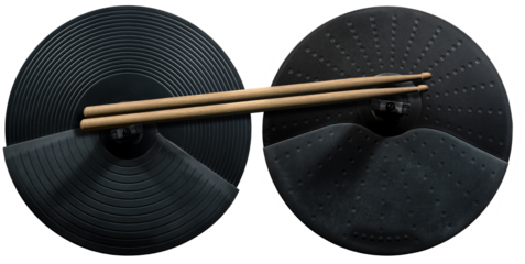 Two black cymbals of an electronic drum kit and a pair of wooden drumsticks, isolated on white or transparent background. Percussion instrument concept. Png.