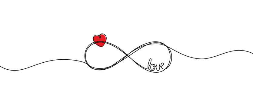 continuous single line drawing of infinity symbol with word LOVE and heart shape, eternal love line art vector illustration