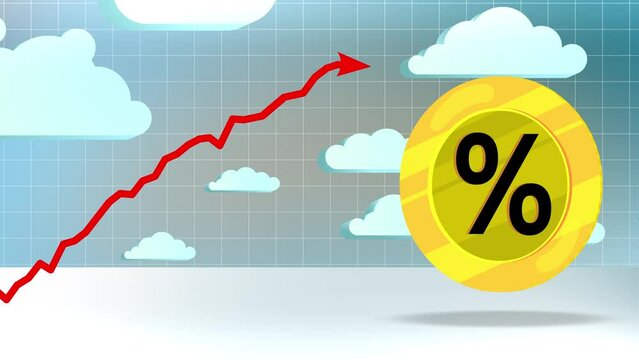 Percent rate big coin and business chart graph up on sky background. Business animations series. Business flat style.  Interest rate growth metaphor for business use. Bank credit.
