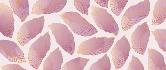 Abstract art, tropical pink leaves. Luxurious wallpaper with watercolor, tropical leaf, palm leaf, vibrant foliage, exotic and golden hue. For wall decor, print, cover, background.