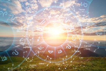 Zodiac signs big horoscope circle on landscape