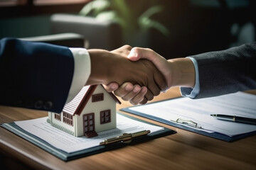 Real estate agent shaking hand of partner or customer for contract. Business success concept. Generative Ai - obrazy, fototapety, plakaty