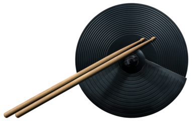 Black cymbal of an electronic drum kit and a pair of wooden drumsticks, isolated on white or transparent background. Percussion instrument concept. Png.