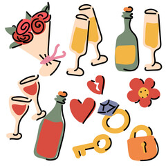 A set of cute little stickers with stylish illustrations. Fashionable cozy elements in the theme of love. Perfect for social media posts and postcards. All elements are isolated. Daily planner