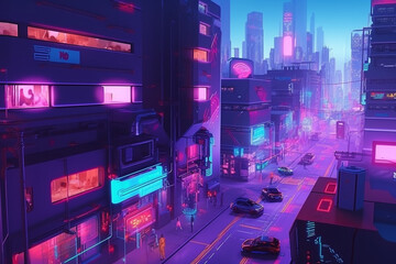 Fototapeta na wymiar Metaverse Cyberpunk Style City With Robots Walking On Street Neon Lighting On Building Exteriors Flying Cars And Drones