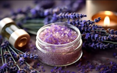 Obraz na płótnie Canvas Natural lavender infused beauty products stress reduction and mood enhancer. AI generated