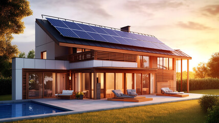 House with solar panels on the roof, sustainability, green technology