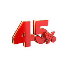 3d red percentage sign 45% on white background