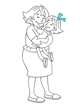 Happy mom holds her little daughter in her hands. They stand embracing. Black and white picture with blue accent.  In cartoon style. Isolated on white.  Vector illustration for coloring book.