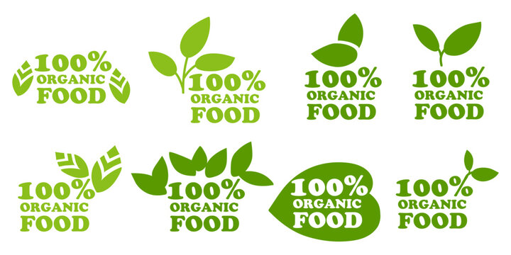 Organic natural bio labels icon set, healthy food icons, 100 organic food, fresh organic vegetarian food. Vector illustration. Printing on packaging for goods in stores. A sign of naturalness