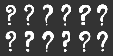Question mark set hand drawn in simple style, vector illustration. Icon question symbol for print and design. Quiz and Exam concept, isolated elements on a black background. Graphic sign ask and fqa
