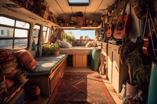 Cozy interior in the trailer of mobile home. Generative AI