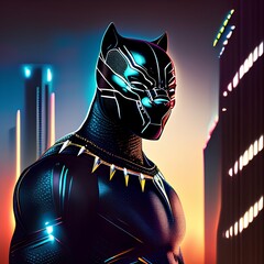 Black Panther from Cyber-City, city lights in the background - generative ai
