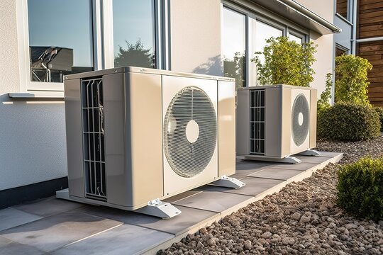 W&auml;rmepumpe am Haus. Elektrische Heizung von au&szlig;en. Heizen mit Erdw&auml;rme oder Luft zu Luft Pumpen. Generative KI