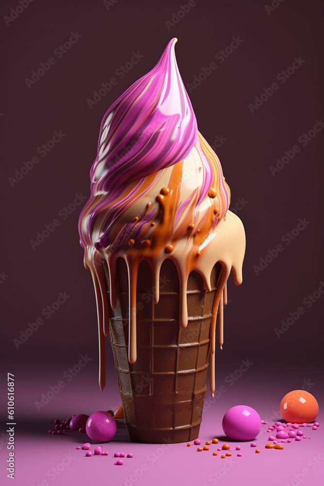 Poster a chocolate ice cream cone covered with pink frosting and decorated with sprinkles generative ai