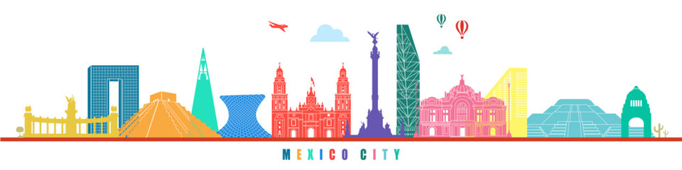 Mexico City historical monuments and famous places travel destination flat vector illustration