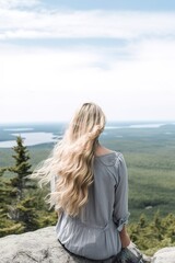 Fototapeta premium Girl on mountain peak looking at beautiful mountain valley in fog in summer. Landscape with sporty young woman, foggy hills, forest, sky. Travel and tourism. Hiking. Generative aI.