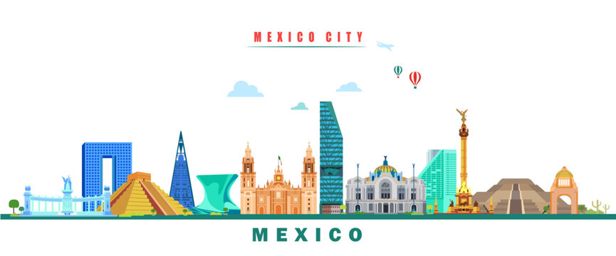 Famous Landmark Of Mexico City Travel Design Color Vector