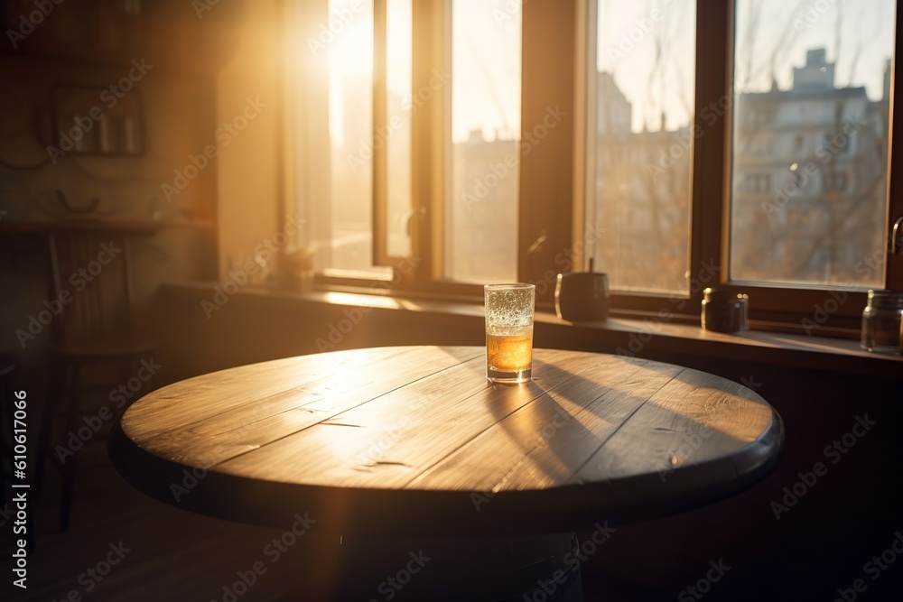 Poster a bottle of beer resting on a wooden table with a glass of it visible. generative ai