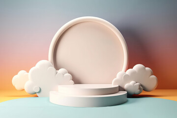Mock up display platform podium stage with clouds background , show cosmetic product , Created with generative AI