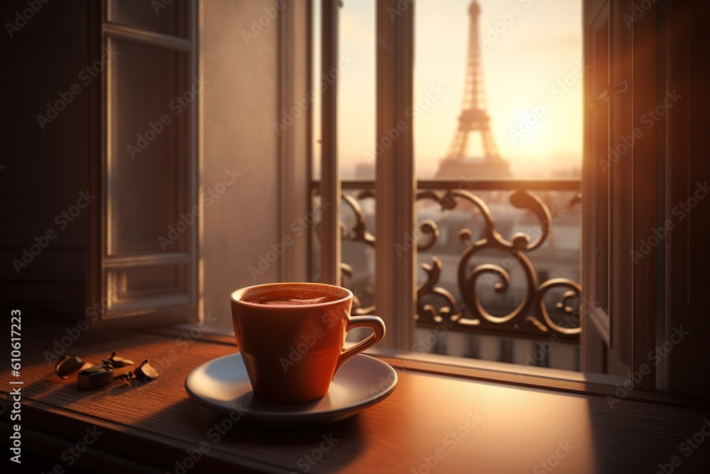 Poster in front of a window that provides a view of the, a saucer with a cup of coffee can be seen sitting 