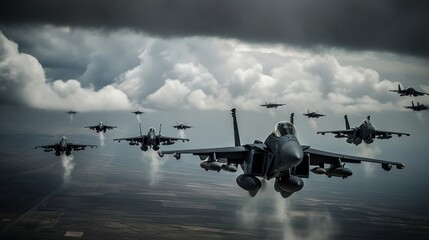 A squadron of fighter jets darting through a cloudy sky, leaving trails of white smoke against the vibrant blue canvas
