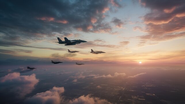 A squadron of fighter jets soaring through a sky painted with soft, pastel-colored clouds at sunset